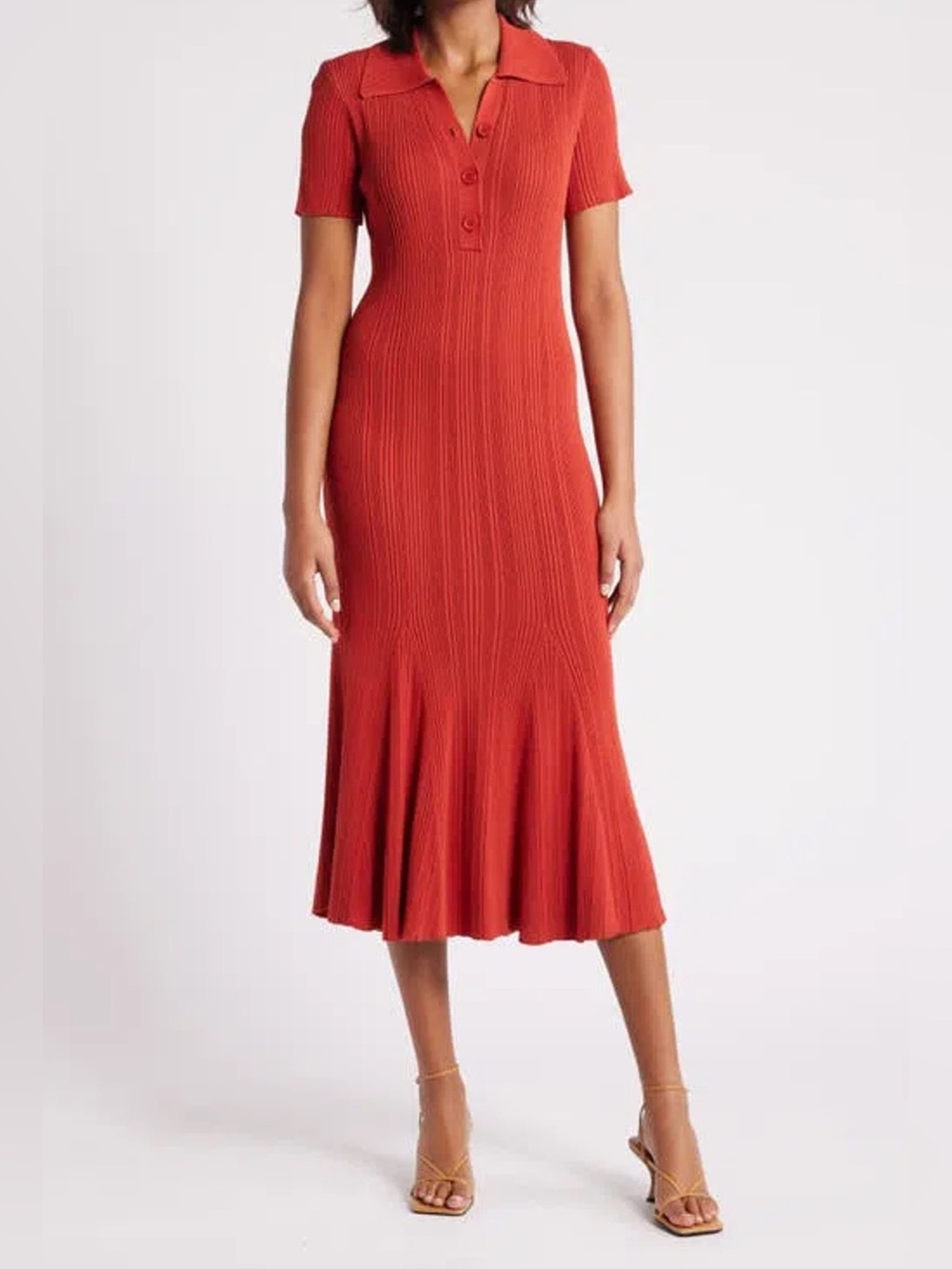 julia jordan Collared Ribbed Flounce Midi Dress in Rust Orange Red Size Large
